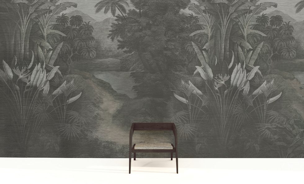 Precision Wallpaper  Installed another magnificent mural by Fine and Dandy  in the Parisian Room of Merrill House Tropical Leaves in shades of blue  create a sophisticated and restful space  Location 