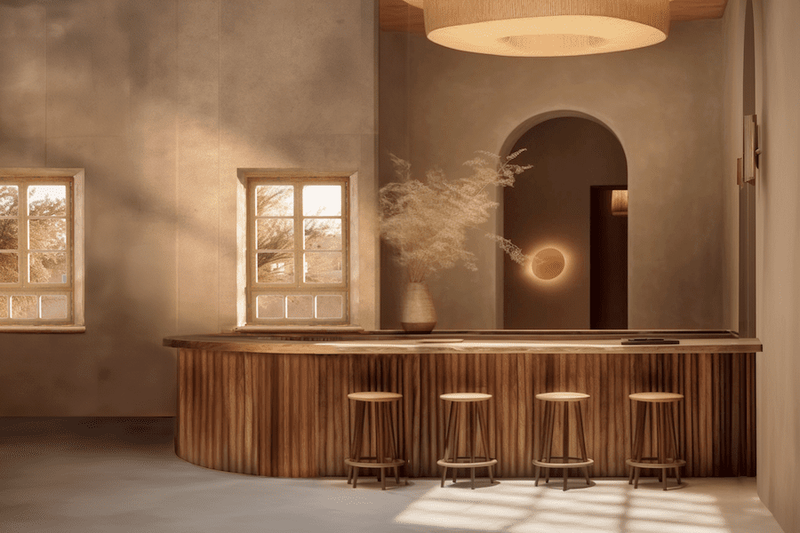 Tripolers Oasis Hotel Dunhuang China singing sand dunes wabi sabi chefs table bar stools
