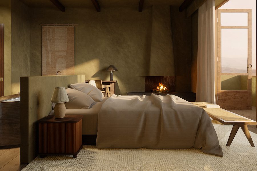 Tripolers Oasis Hotel Dunhuang China singing sand dunes wabi sabi bedroom