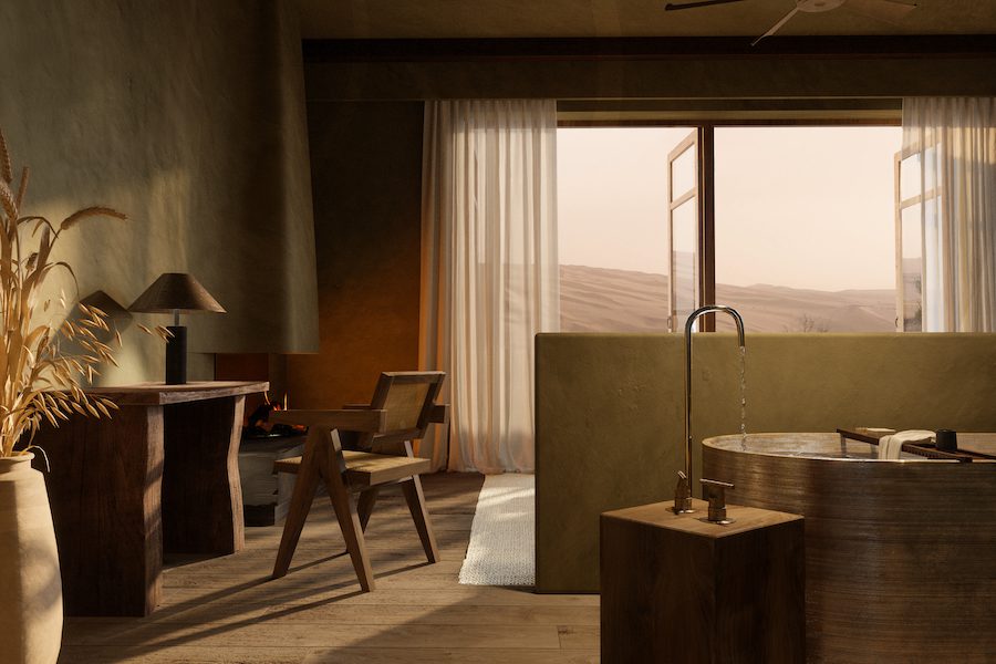 Tripolers Oasis Hotel Dunhuang China singing sand dunes wabi sabi bedroom bathtub