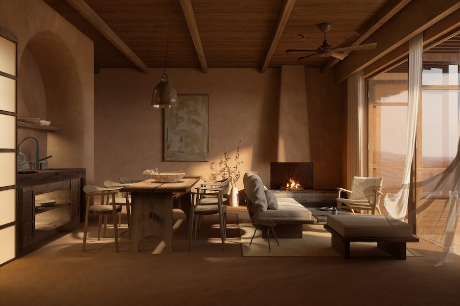 Tripolers Oasis Hotel Dunhuang China singing sand dunes wabi sabi living room
