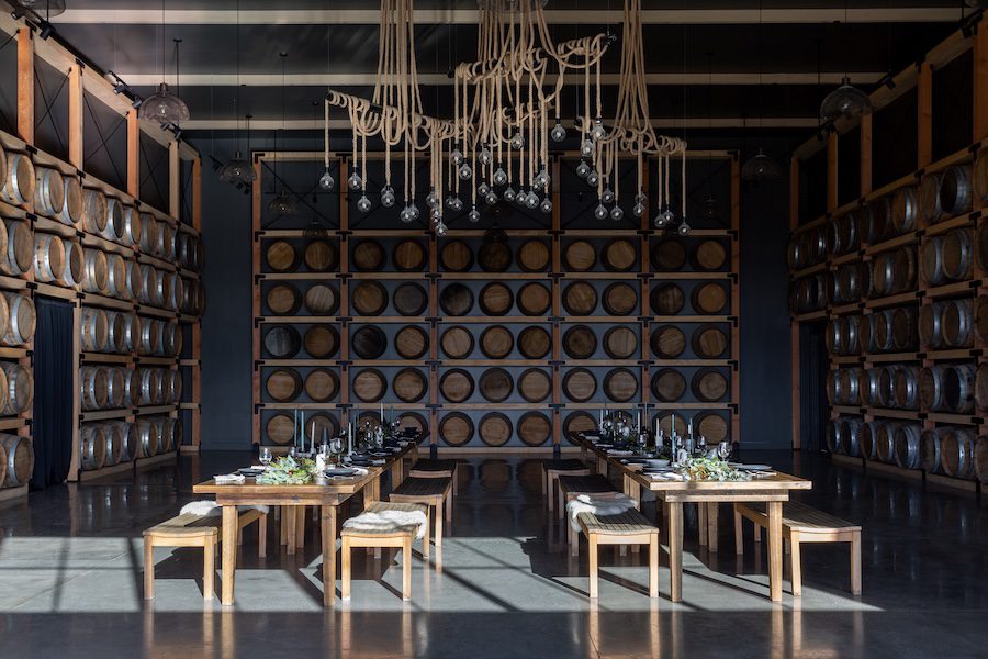 Danza del Sol Winery temecula california ballroom event space dining tables wine barrel rope light fixture