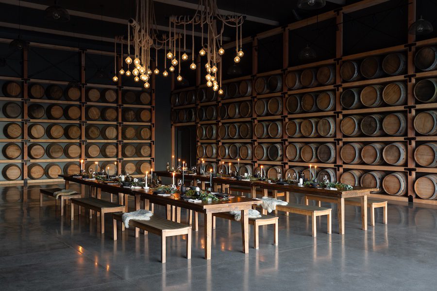 Danza del Sol Winery temecula california ballroom event space dining tables wine barrel rope light fixture
