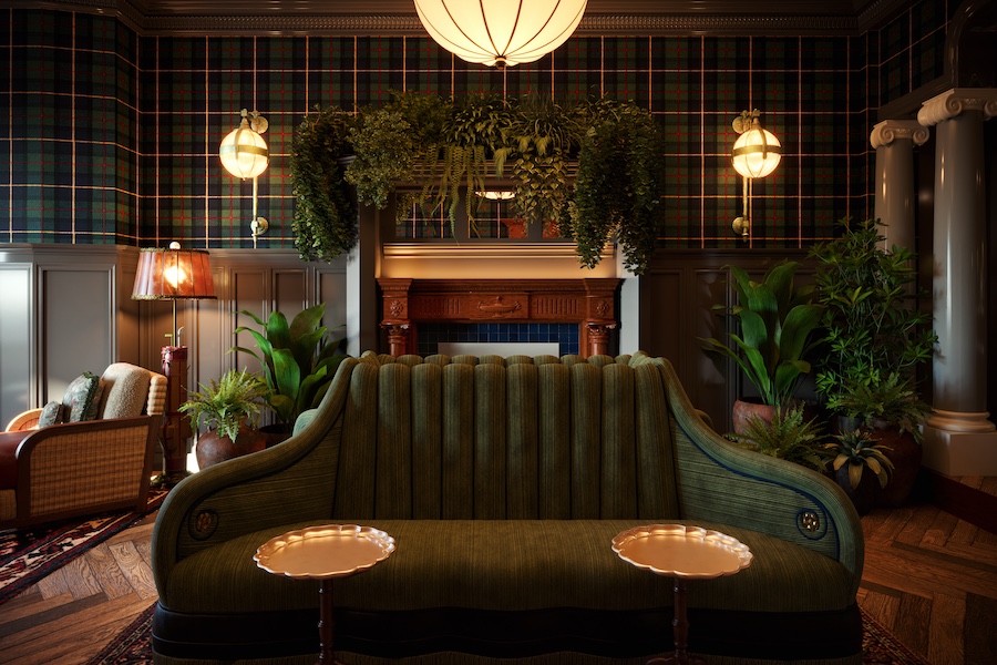 portrush adelphi northern ireland heritage maritime landscape golfing green tartan wallpaper olive sofa wood fireplace indoor plants