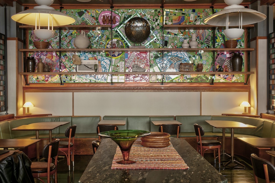 lele's roman brooklyn new york italian restaurant banquette sage mosaic glass wall shelves