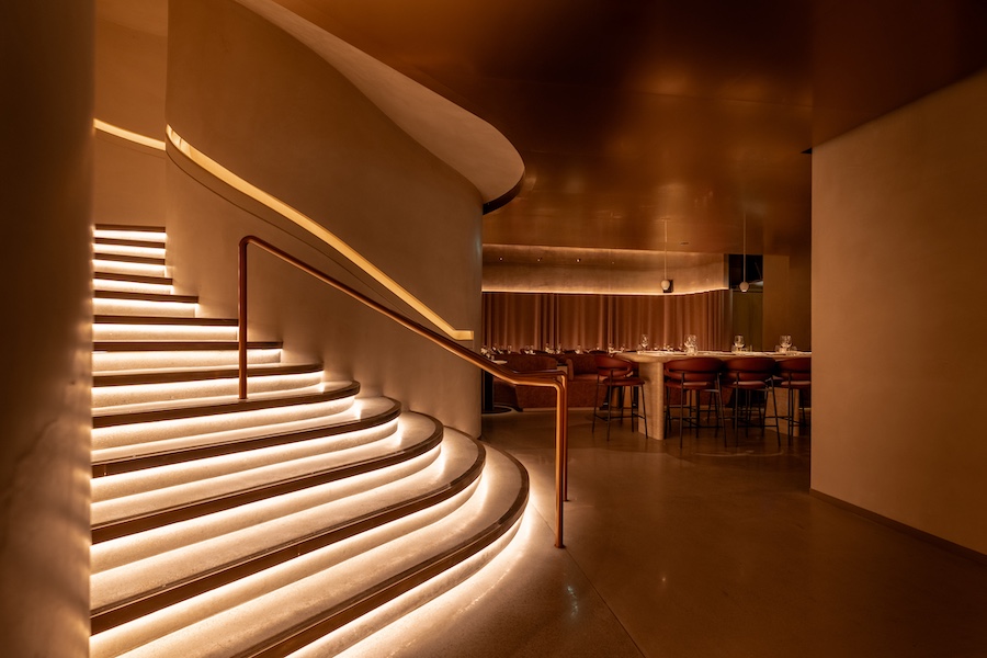 MR PORTER London steakhouse neutral palette underlit stairs staircase