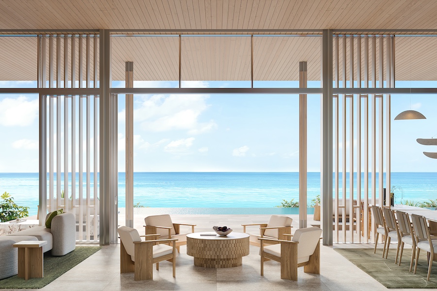 Aman Residences, Amancaya – Villa Interior, Living Room wood natural round coffee table ocean view