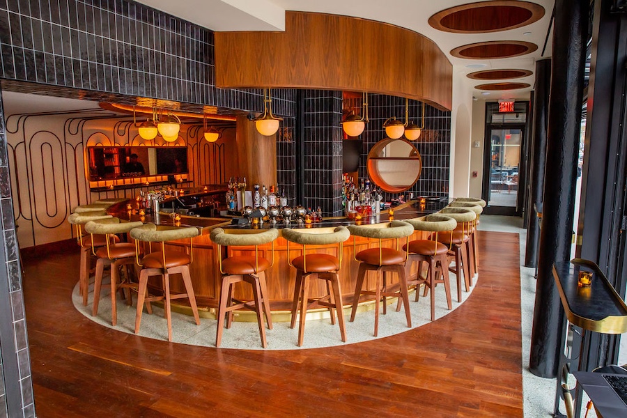 no. 79 bar & terrace lower east side manhattan new york retro french wood black subway tiles horseshoe bar