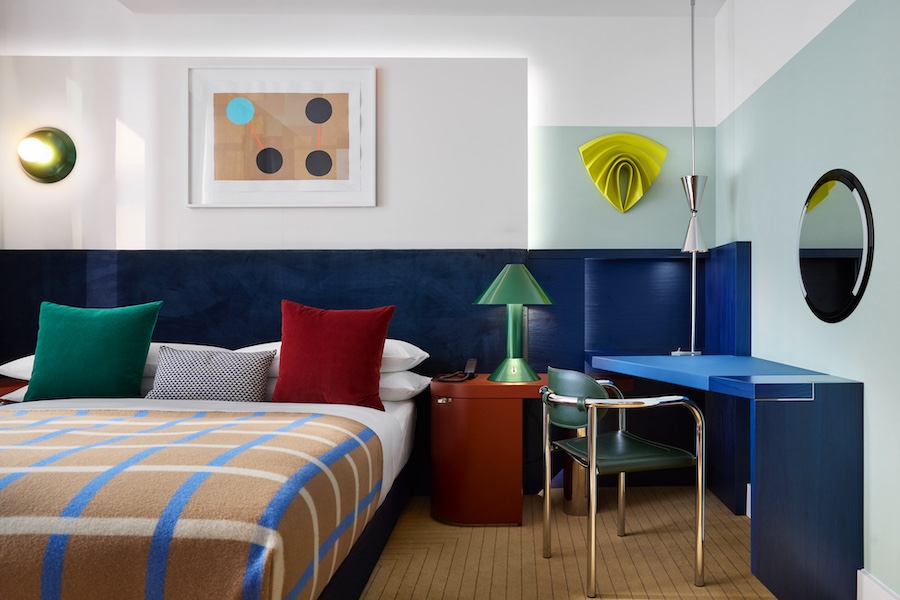 Essential Room at Kimpton Main Frankfurt germany bauhaus art midcentury blue writing desk green lamp