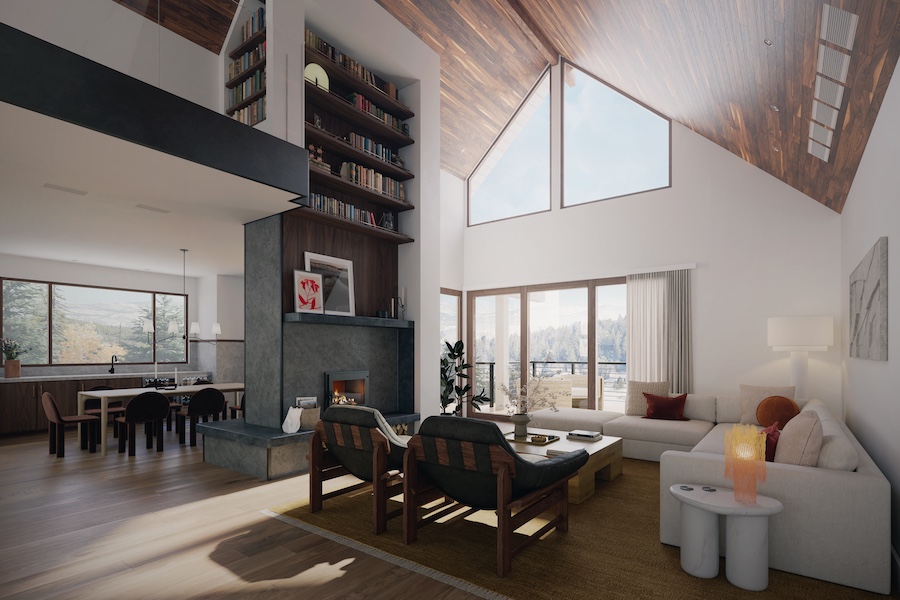 Guesthouse Lake Tahoe interiors rendering a frame windows bookshelf living room white couch