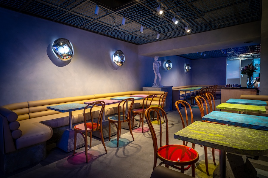 Pinky Swear manhattan new york lower east side cocktail lounge restaurant art gallery colorful tables