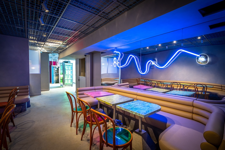 Pinky Swear manhattan new york lower east side cocktail lounge restaurant art gallery blue neon light