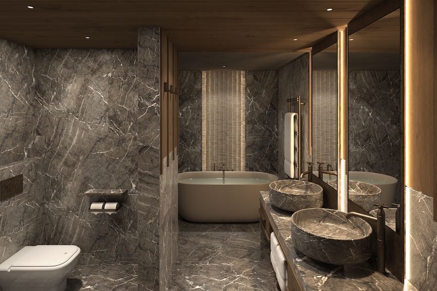 Hotel Bellevue Cortina d’Ampezzo alpine design après-ski culture midcentury italian furniture guestroom bathroom freestanding tub marble