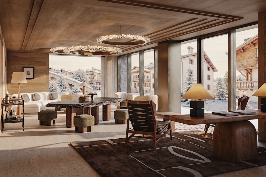 Hotel Bellevue Cortina d’Ampezzo alpine design après-ski culture midcentury italian furniture seating lounge