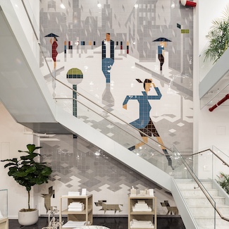 WATERWORKS FLATIRON interior staircase tiled wall mural Christoph Niemann Rainy Day in NYC