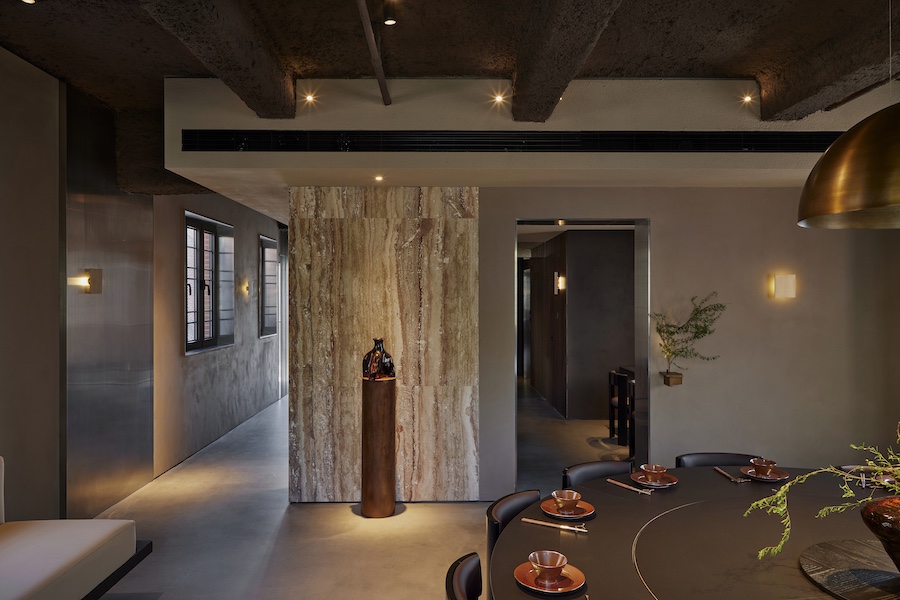 conglong hot pot restaurant nanjing china converted villa ambient lighting marble wall exposed wood beam ceiling