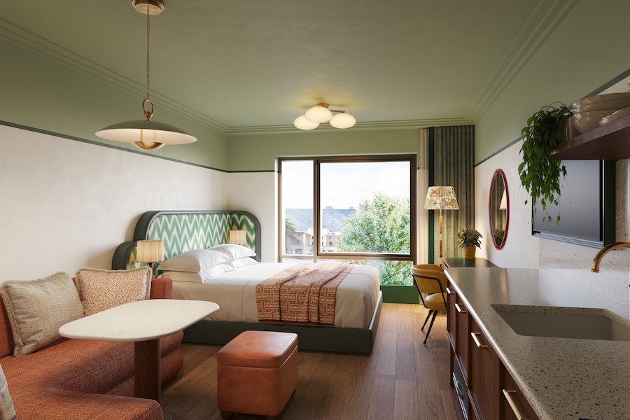 The July apartment-style residential-style hotel london victoria guestroom art deco geometric headboard