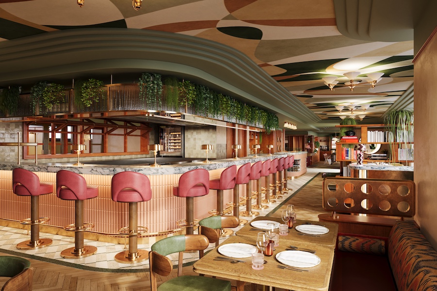 The July apartment-style residential-style hotel london victoria restaurant bar red stools live plants