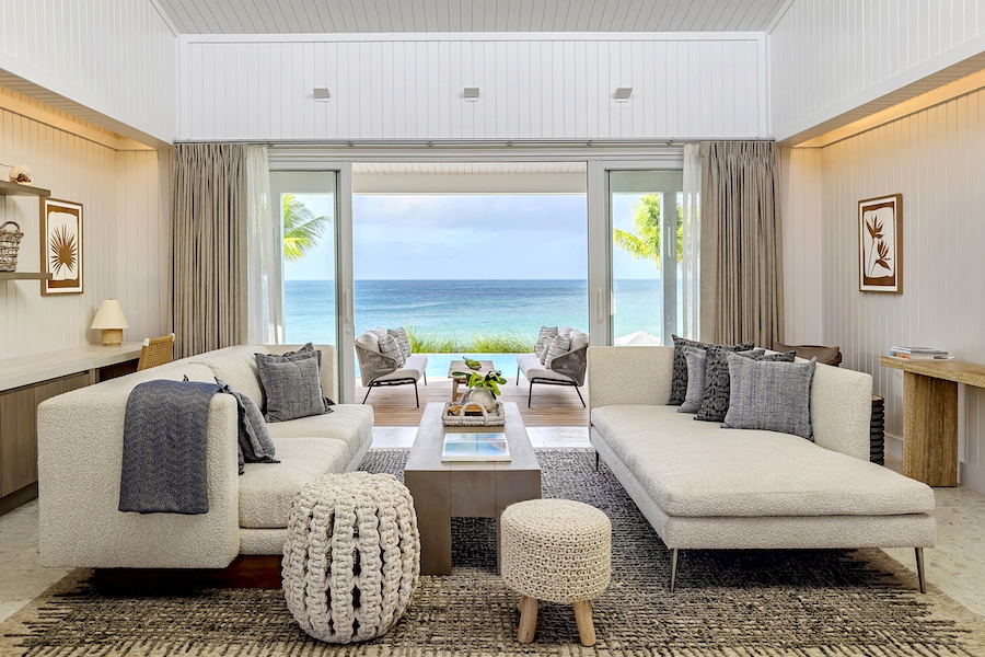 The Cove Eleuthera bahamas villa seating area white sofa sea ocean views 