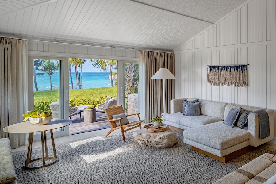 The Cove Eleuthera bahamas guest suite seating area white sofa sea ocean views 
