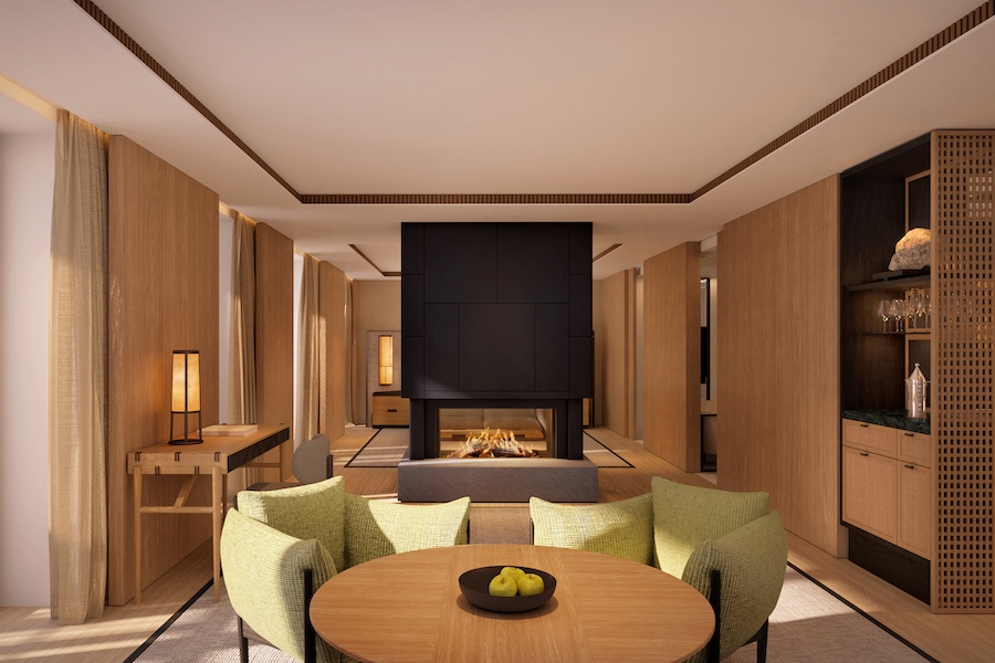 Aman Rosa Alpina, Italy dolomites Render, Suite Living Area fireplace seating