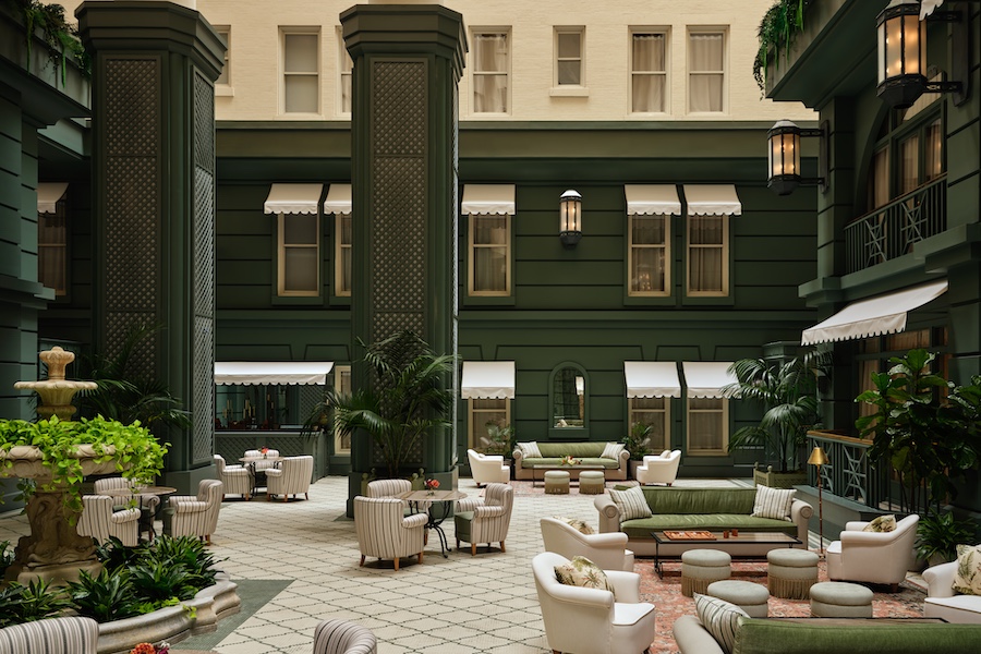 the bellevue hotel philadelphia Unbound Collection by Hyatt renovation conservatory atrium parisian garden seating area green columns walls