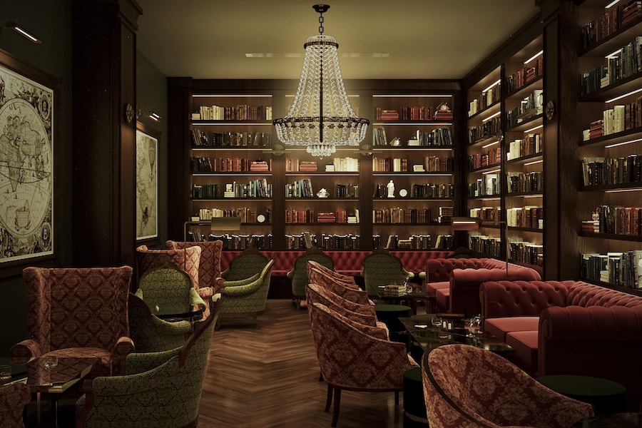 Presidente Bar Miami biblioteca speakeasy cocktail lounge bookshelves red chesterfield sofa green armchairs french empire chandelier
