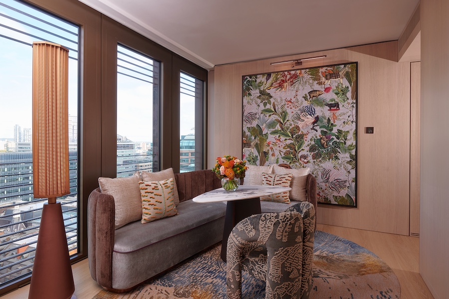 Pan Pacific London Bishopsgate Lounge floral botanical chair rug wall art