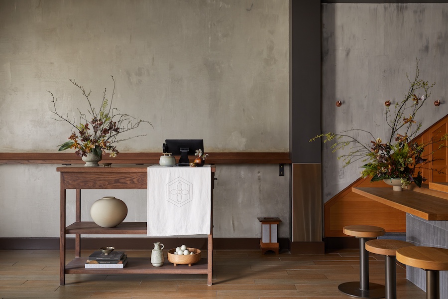 saru handroll bar san francisco sushi Kintsugi japanese philosophy minimal retrained natural palette wood car bar stools gray limewash walls