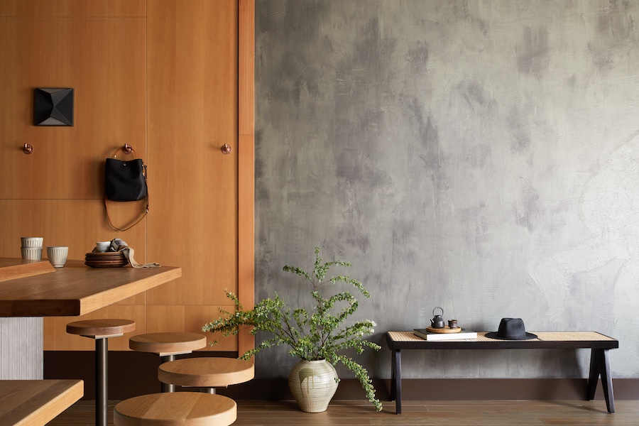 saru handroll bar san francisco sushi Kintsugi japanese philosophy minimal retrained natural palette wood car bar stools gray limewash walls plant bench