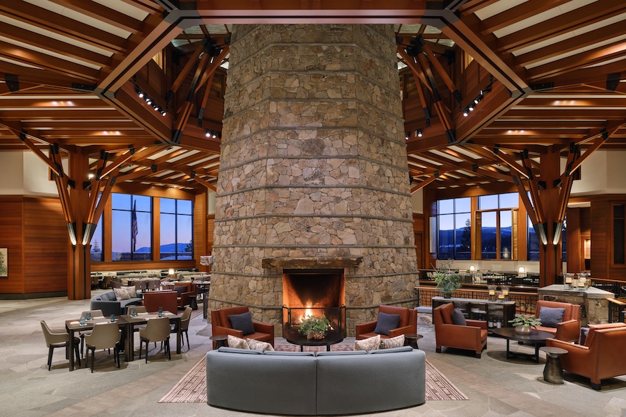 The Ritz-Carlton, Lake Tahoe Living Room Lodge exposed wood beam ceiling center fireplace seating