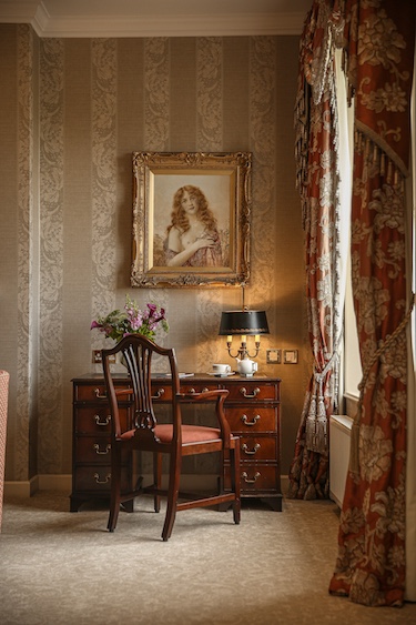 Lucknam Park Hotel & Spa Accor Emblems Collection english countryside estate historic design striped wallpaper gold gilded picture frame writing desk