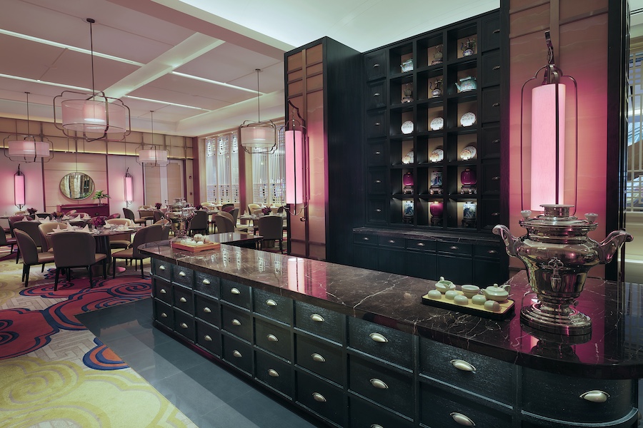Solaire North manila philippines luxury five star resort red lantern restaurant pink lights black shelving