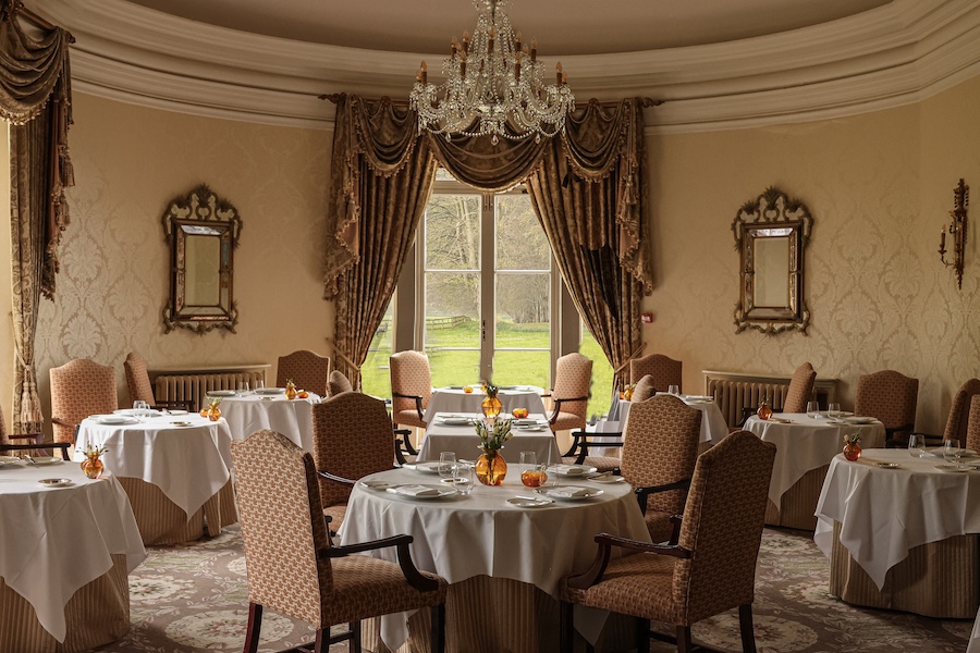 Lucknam Park Hotel & Spa Accor Emblems Collection english countryside estate historic design chandelier curtains ornate mirrors restaurant