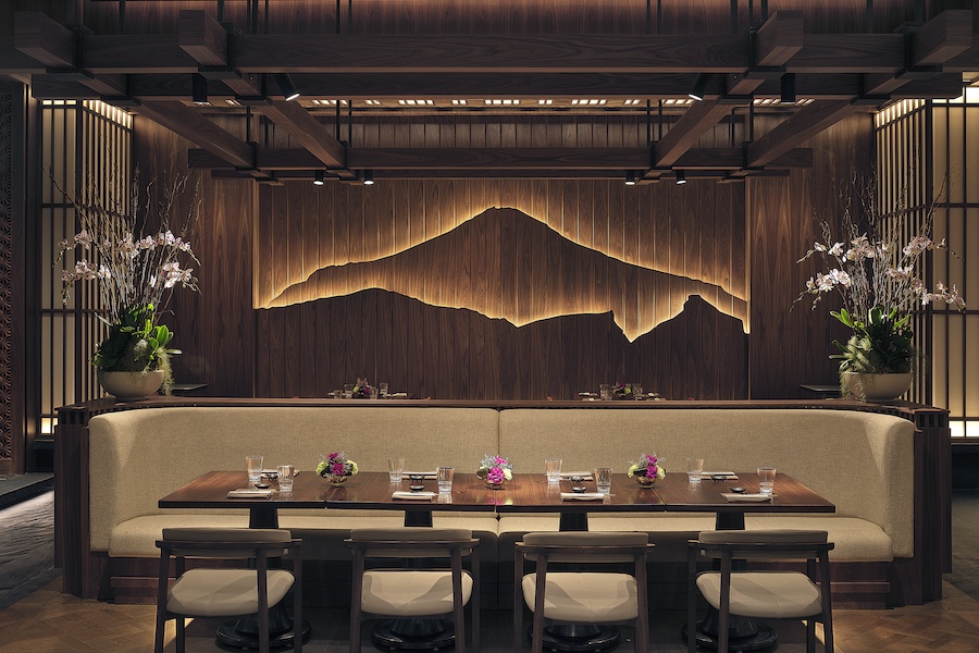 Solaire North manila philippines luxury five star resort yakumi restaurant backlit wall art mountain