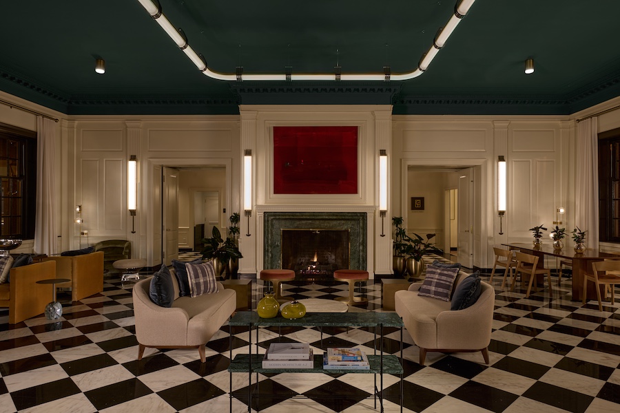 Dearborn Inn Marriott Bonvoy Autograph Collection michigan henry ford lobby checkered checkerboard black and white flooring tiles fireplace seating area