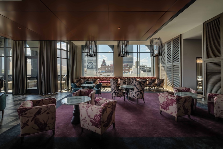 Hotel Bourré Bonne Curio Collection by Hilton kentucky french bourbon design restaurant moody floral animal print armchairs
