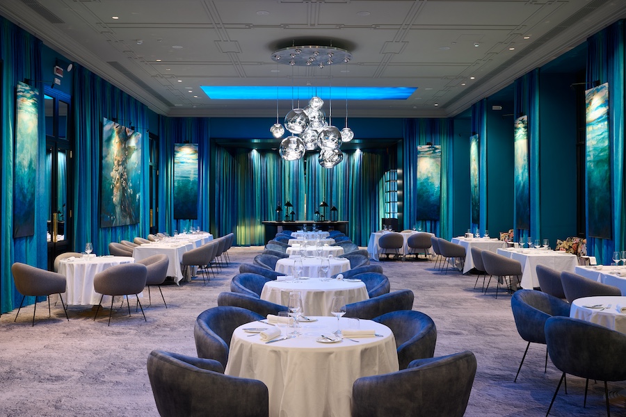 Nuvole Garden Hotel lake como italy blu restaurant blue walls curtains hanging globe pendant light dining room