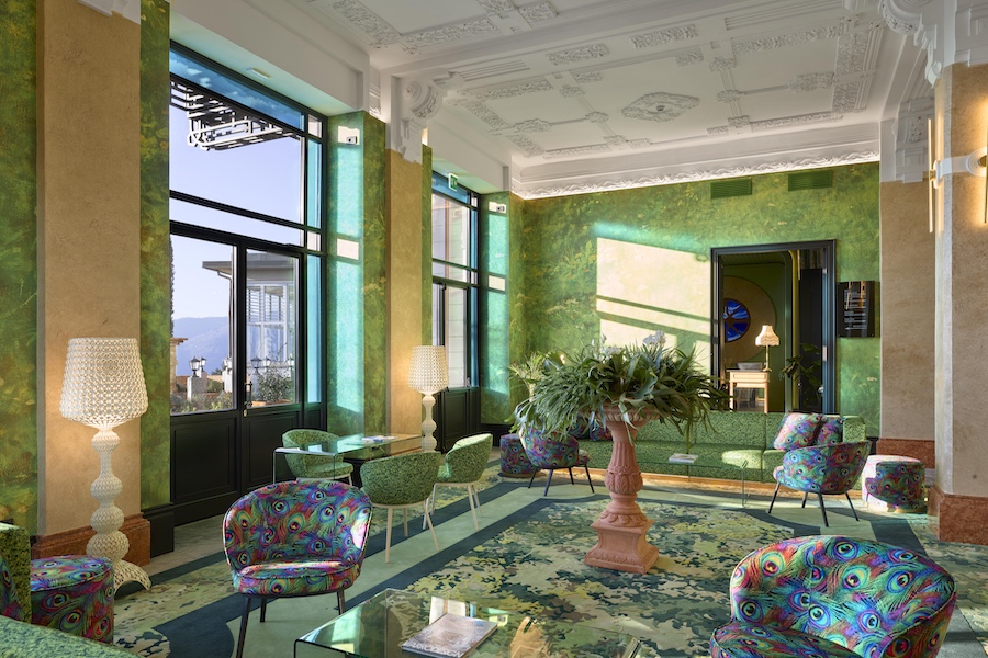 Nuvole Garden Hotel lake como italy grand salon green walls decorative ceiling rainbow peacock chairs