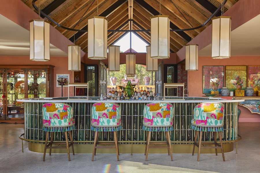 Masiya's Camp at Royal Malewane south africa outdoor safari tent suites bar emerald green tile bar colorful abstract bar stools