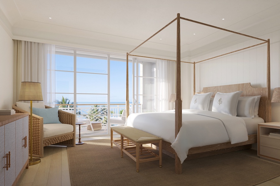 Naples Beach Club florida gulf coast coastal design white neutral guestroom suite gray couch balcony bed