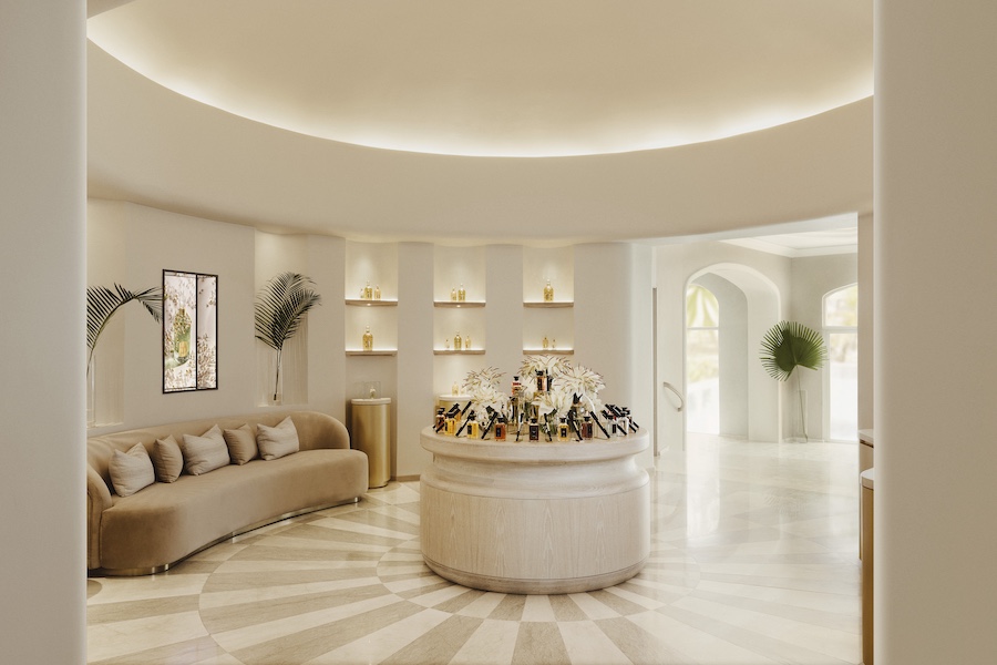 One&Only Le Saint Géran Guerlain Spa Mauritius island luxury muted tones natural materials retail curved brown sofa round room