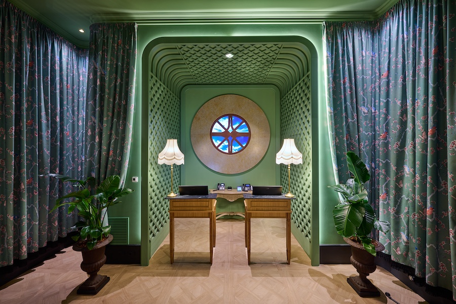 Nuvole Garden Hotel lake como italy reception floral curtains seafoam green walls