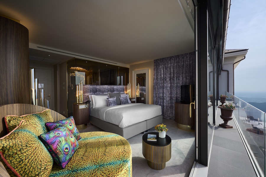 Nuvole Garden Hotel lake como italy sole luxury room gold pattern prints peacock bed private balcony