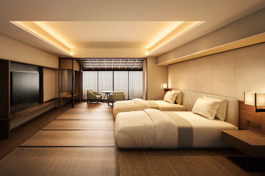 The Imperial Hotel, Kyoto Extension Area restrained palette sunken ceiling uplighting double beds tatami mats