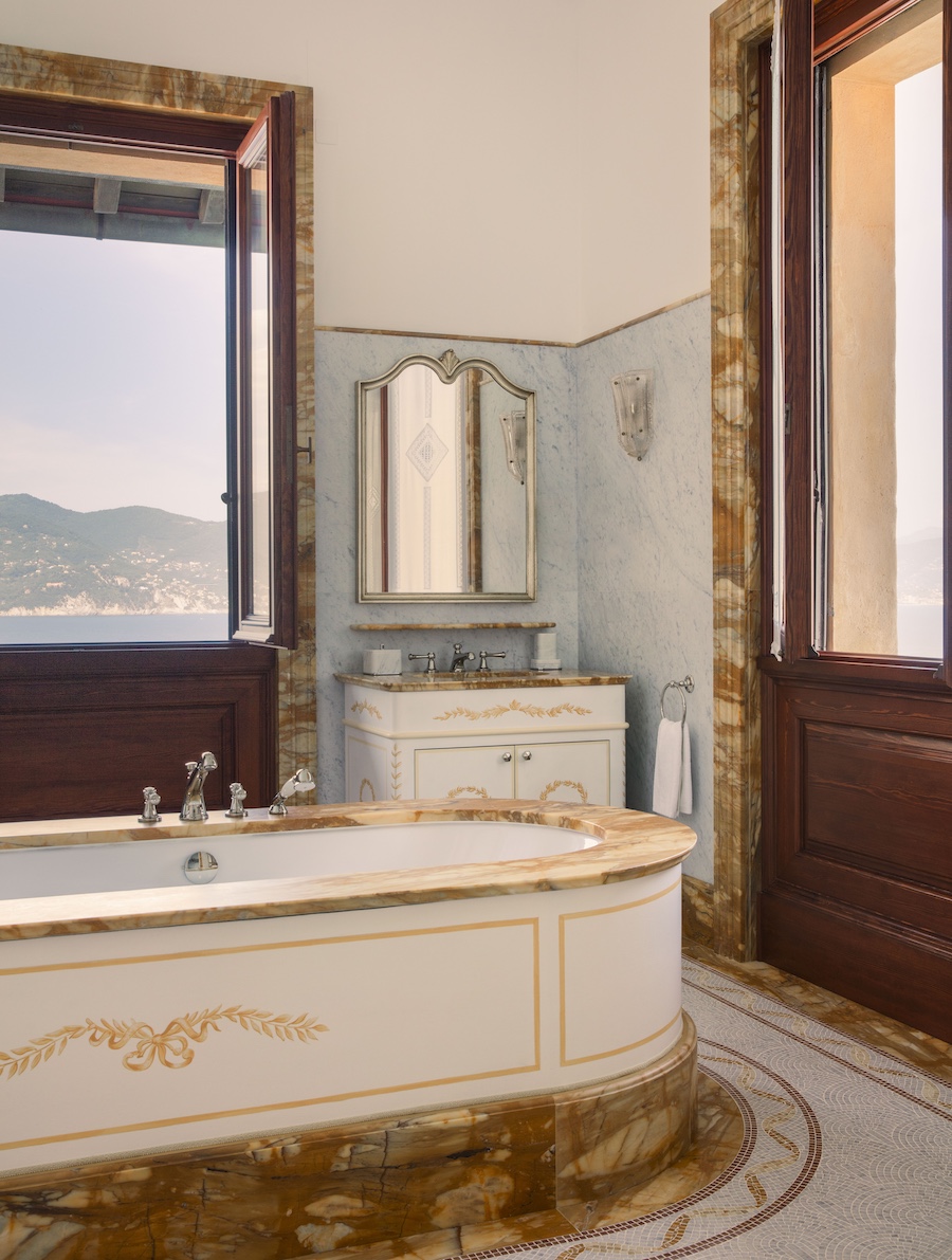 villa beatrice luguria italy italian dolce vita clifftop estate suites freestanding bath tub mirror sink vanity bathroom
