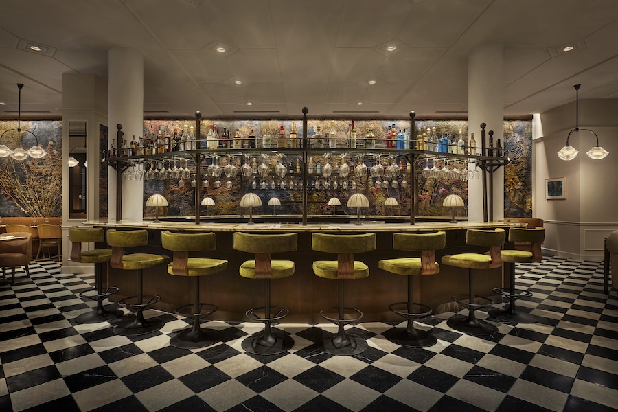 SIXTY DC casamara restaurant wall mural black and white checkered checkerboard floors bar olive green stolls