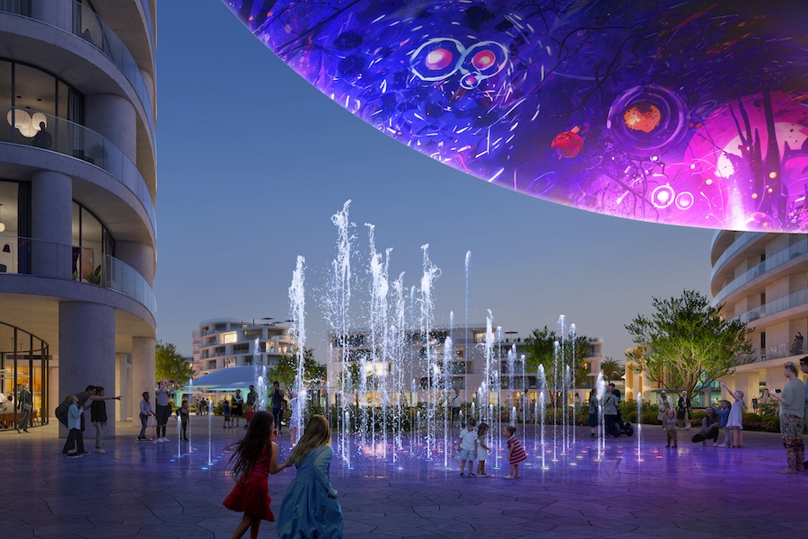 Khalid Bin Sultan City UAE walkable sustainable city green space urban oasis native plants night fountain