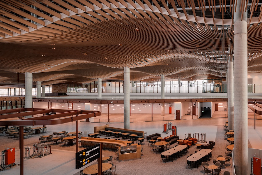Western Sydney International Airport undulating slatted wood ceiling terminal waiting are