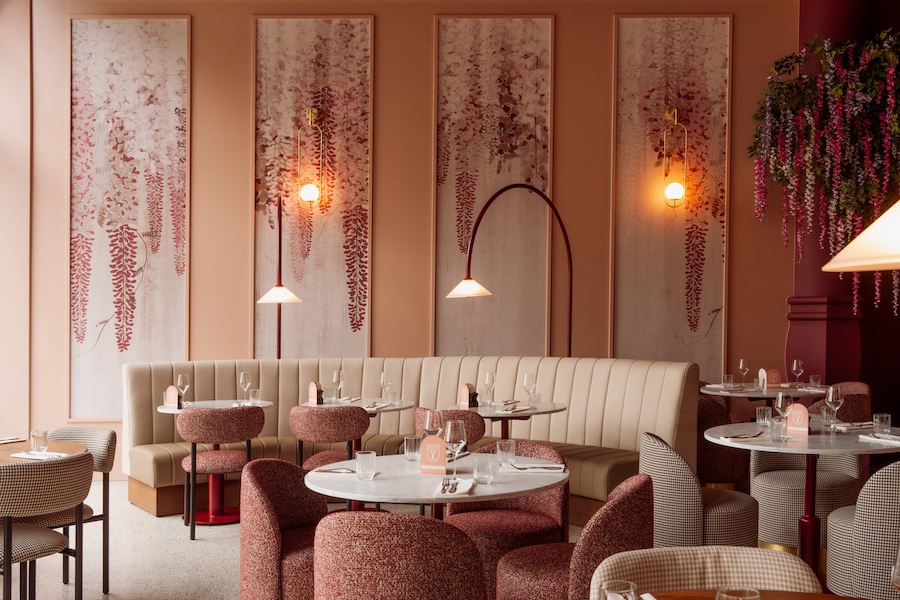 Efteling Grand Hotel the netherlands theme park pink restaurant chairs banquet wall art hanging florals flowers